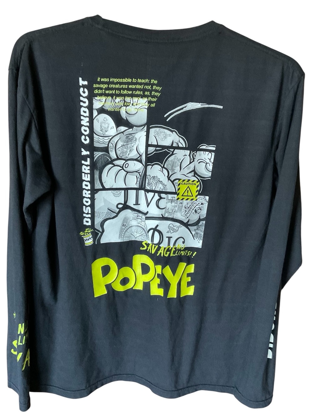 Popeye Graphic Long Sleeve Tee - Black with Neon Yellow